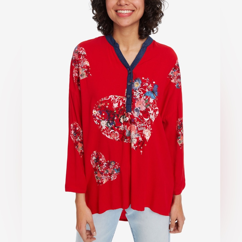Desigual Temis Popover Embellished Denim Trim Blouse S